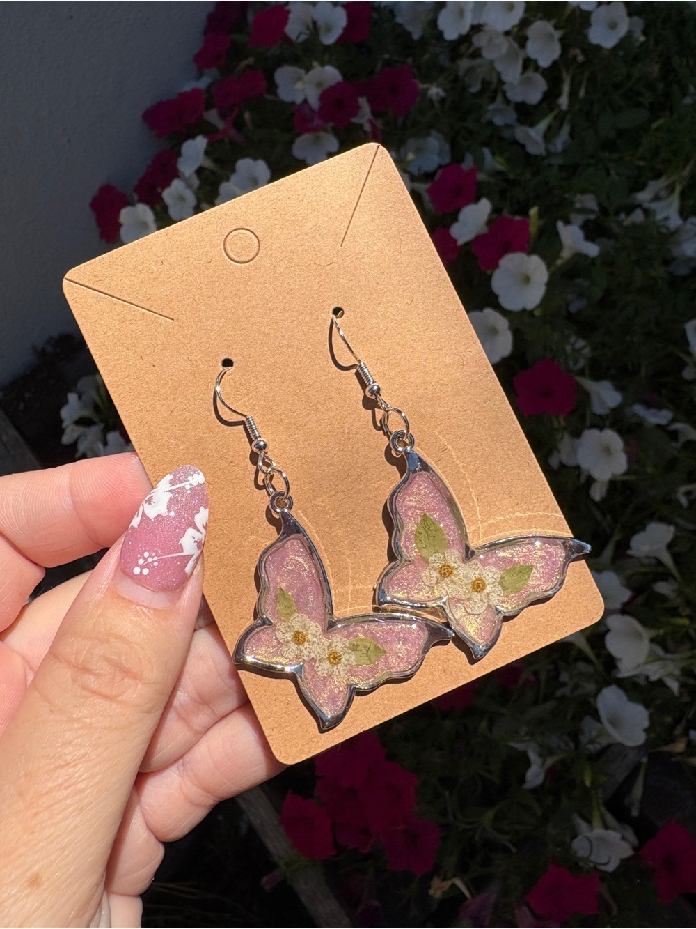 Butterfly Floral Pink Dangle Earrings - Resin and pressed flowers
